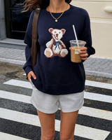 Damen Pullover mit Rundhalsausschnitt langen Ärmeln und Bärchen Intarsiamotiv in Marineblau