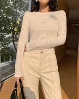 Damen Pullover mit Rundhalsausschnitt langen Ärmeln und Lochmuster in Aprikose
