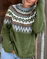 Damen Pullover mit Rundhalsausschnitt Norwegermuster an der Passe und langen Ärmeln in Grün
