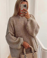Damen Pullover mit Rundhalsausschnitt und Ballonärmeln in Beige