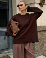 Damen Pullover mit Rundhalsausschnitt und elastischen Bündchen in Braun