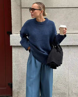 Damen Pullover mit Rundhalsausschnitt und elastischen Bündchen in Marineblau