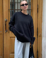 Damen Pullover mit Rundhalsausschnitt und elastischen Bündchen in Schwarz