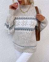 Damen Pullover mit Rundhalsausschnitt und Schneeflocken-Muster in Beige