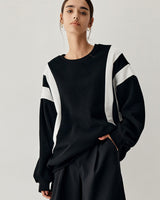 Damen Pullover mit Rundhalsausschnitt und Streifendetail an den Ärmeln in Schwarz