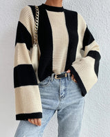 Damen Pullover mit Rundhalsausschnitt und Streifenmuster in Cremefarben