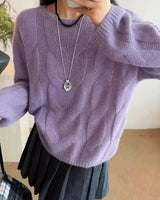 Damen Pullover mit Rundhalsausschnitt vertikalem Zopfmuster langen Ärmeln und gerippten Bündchen in Lila