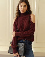 Damen Pullover mit Schulterausschnitten und Zopfmuster in Bordeauxrot