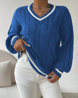 Damen Pullover mit V-Ausschnitt, Zopfmuster und Streifendetail in Dunkelblau