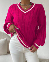 Damen Pullover mit V-Ausschnitt, Zopfmuster und Streifendetail in Knallrosa