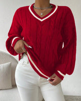 Damen Pullover mit V-Ausschnitt, Zopfmuster und Streifendetail in Rot