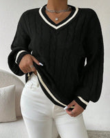Damen Pullover mit V-Ausschnitt, Zopfmuster und Streifendetail in Schwarz