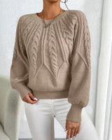 Damen Pullover mit Zopfmuster und Rundhalsausschnitt in Khaki