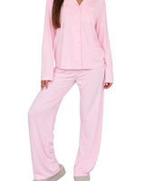 Damen-Pyjama-Set mit Knopfleiste und Reverskragen in Rosa