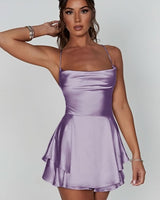Marie | Damen Rückenfreies Minikleid Geraffter Taille Satin Cocktailkleid in Lavendel