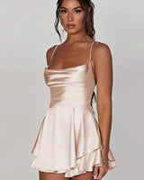 Marie | Damen Rückenfreies Minikleid Geraffter Taille Satin Cocktailkleid in Milchweiß