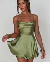 Marie | Damen Rückenfreies Minikleid Geraffter Taille Satin Cocktailkleid in Matcha