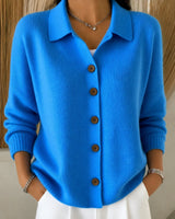 Leonie | Damen Relaxed-Fit Polokragen Strick-Cardigan mit Knopfleiste in Blau