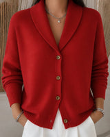 Leonie | Damen Relaxed-Fit Polokragen Strick-Cardigan mit Knopfleiste in Rot