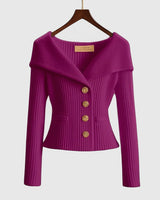 Damen-Rippstrick-Cardigan mit Off-Shoulder-Kragen und Zierknöpfen in Lila