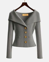 Damen-Rippstrick-Cardigan mit Off-Shoulder-Kragen und Zierknöpfen in Grau