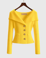 Damen-Rippstrick-Cardigan mit Off-Shoulder-Kragen und Zierknöpfen in Gelb