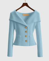 Damen-Rippstrick-Cardigan mit Off-Shoulder-Kragen und Zierknöpfen in Blau