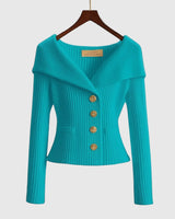 Damen-Rippstrick-Cardigan mit Off-Shoulder-Kragen und Zierknöpfen in Himmelblau