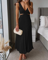 Johanna | Damen ärmelloses Cocktailkleid mit V-Ausschnitt plissierter Maxi-Schnitt in Schwarz