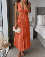 Johanna | Damen ärmelloses Cocktailkleid mit V-Ausschnitt plissierter Maxi-Schnitt in Orange