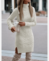 Damen Herbst Rollkragen Strickkleid mit Seitenschlitz in Beige