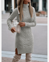 Damen Herbst Rollkragen Strickkleid mit Seitenschlitz in Grau