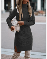 Damen Herbst Rollkragen Strickkleid mit Seitenschlitz in Schwarz
