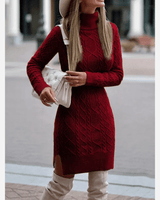 Damen Herbst Rollkragen Strickkleid mit Seitenschlitz in Rot