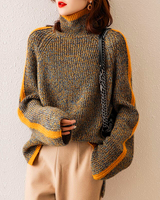 Damen Rollkragenpullover mit Kontraststreifen Melange-Strick und weiten Bündchen in Braun mit Orange