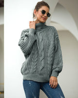 Damen Rollkragenpullover mit Zopfmuster langen Ärmeln und strukturierter Oberfläche in Grau