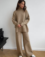 Damen Rollkragenpullover und Weite Hose Set mit Langen Ärmeln in Beige