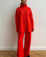 Damen Rollkragenpullover und Weite Hose Set mit Langen Ärmeln in Rot