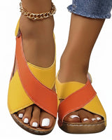Damen-Sandalen mit Keilabsatz, offener Zehenpartie und Klettverschluss in Orange