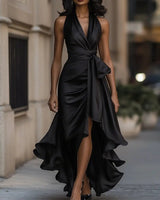 Mia | Damen Satin Cocktailparty-Kleid Halterneck Wickelschnitt High-Low-Saum in Schwarz