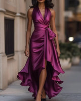 Mia | Damen Satin Cocktailparty-Kleid Halterneck Wickelschnitt High-Low-Saum in Fuchsia