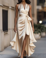 Mia | Damen Satin Cocktailparty-Kleid Halterneck Wickelschnitt High-Low-Saum in Champagner