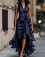 Mia | Damen Satin Cocktailparty-Kleid Halterneck Wickelschnitt High-Low-Saum in Marineblau