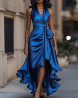 Mia | Damen Satin Cocktailparty-Kleid Halterneck Wickelschnitt High-Low-Saum in Königsblau