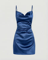 Damen Satin-Minikleid mit Wasserfallausschnitt in Blau