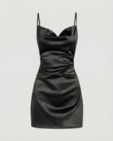 Damen Satin-Minikleid mit Wasserfallausschnitt in Schwarz