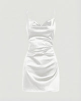 Damen Satin-Minikleid mit Wasserfallausschnitt in Weiß