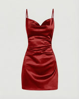 Damen Satin-Minikleid mit Wasserfallausschnitt in Rot