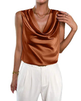 Damen Satin-Top mit Wasserfallausschnitt in Braun