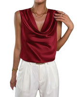 Damen Satin-Top mit Wasserfallausschnitt in Weinrot